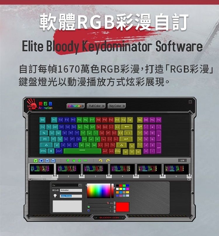 軟體GB彩漫自訂Elite Bloody Keydominator Softare自訂每幀67萬色彩漫,打造RGB彩漫鍵盤燈光以動漫播放方式炫彩展現。RGB  Color  Key Color FRwY3  DG  7 85 G12 3A0RGB 0.1