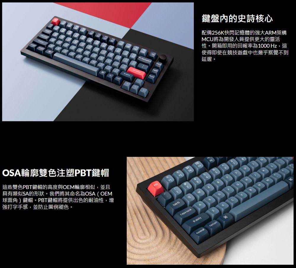 OA輪廓雙色注塑PBT鍵帽這些雙色PBT鍵帽的高度與OEM輪廓相似,並且具有類似SA的形狀。我們將其命名為OSA(OEM球面角 )鍵帽。PBT鍵帽將提供出色的耐油性,增強打字手感,並防止圖例褪色。escF223SEcaps lockshiftzxoption鍵盤的史詩核心配備256K快閃記憶體的強大ARM架構MCU將為開發人員提供更大的靈活性。開箱即用的回報率為1000 Hz,這使得即使在競技遊戲中也幾乎察覺不到延遲。