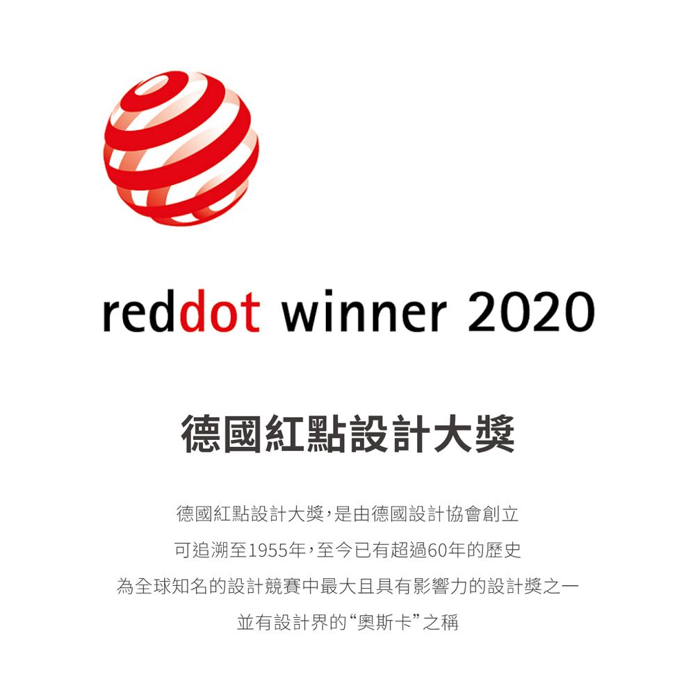 reddot winner 2020德國紅點設計大獎德國紅點設計大獎,是由德國設計協會創立可追溯至1955年,至今已有超過60年的歷史為全球知名的設計競賽中最大且具有影響力的設計獎之一並有設計界的“奥斯卡”之稱