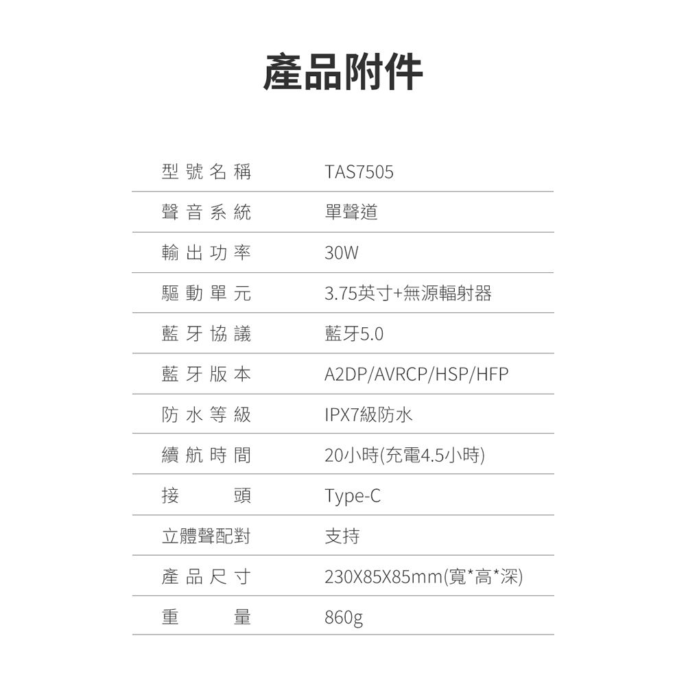 產品附件型號名稱TAS7505聲音系統單聲道輸出功率30W驅動單元藍牙協議3.75英寸+無源輻射器藍牙5.0藍牙版本A2DP/AVRCP/HSP/HFP防水等級級防水續航時間接頭20小時(充電4.5小時)Type-C立體聲配對支持產品尺寸230X85X85mm(寬*高*深)860g