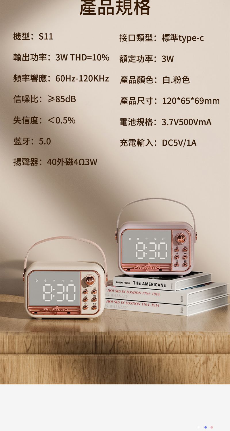 產品規格機型接口類型標準type-c THD10%  頻率響應60Hz-120KHz 產品顏色白.粉色: 85dB失信度:0.5%藍牙:5.0揚聲器:40外磁423W830: 120*65*69mm: 3.7V500VmA: DC5V/1A830  THE AMERICANSHOUS IN LONDON 1764-1914 WALKLEYHOUSES IN LONDON 1764-1914ES WALKLEY