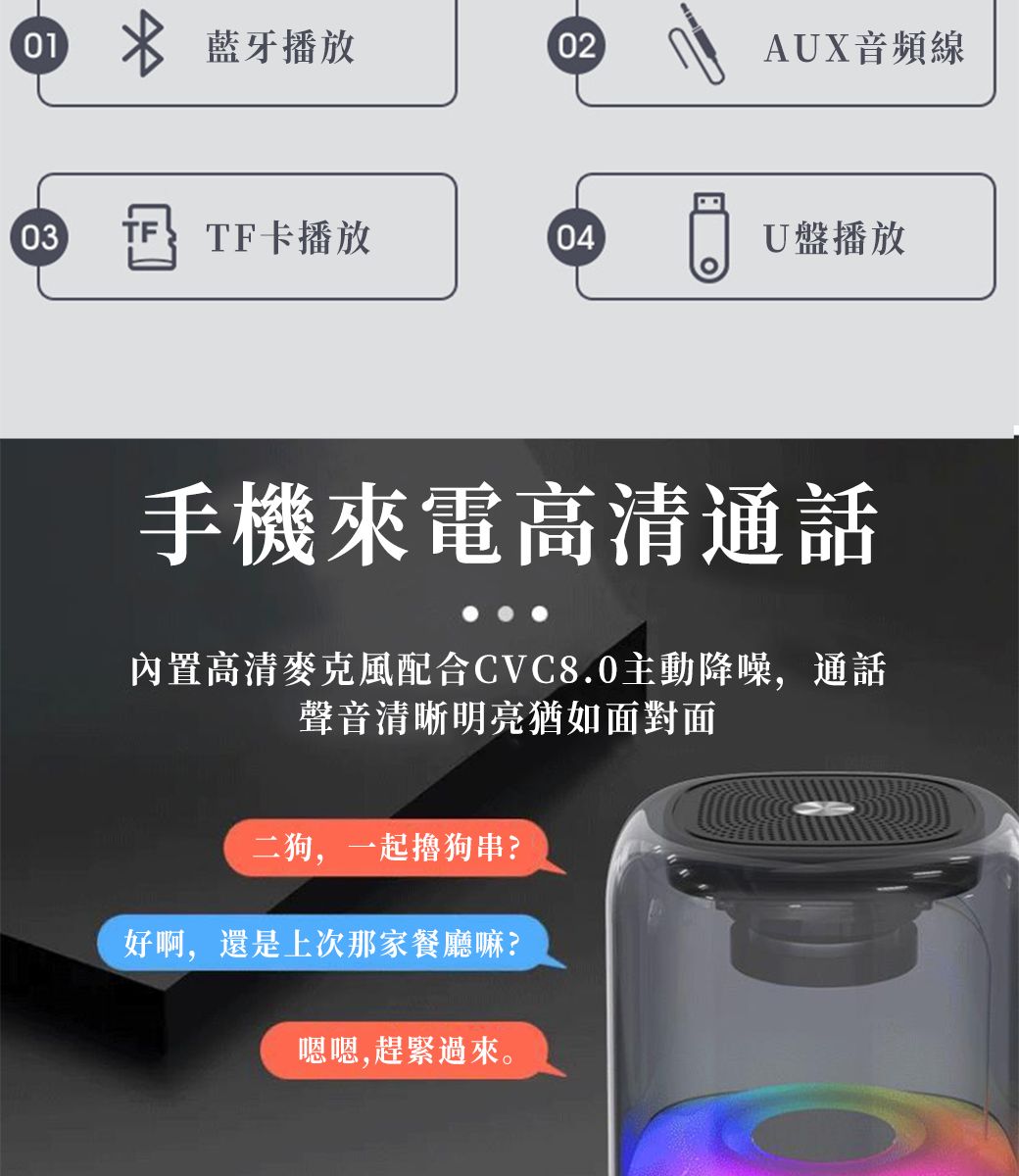 藍牙播放02AUX音頻線03TF卡播放04U盤播放手機來電高清通話內置高清麥克風配合CVC8.0主動降噪,通話聲音清晰明亮猶如面對面二狗,一起狗串?好啊,還是上次那家餐廳嘛?嗯嗯,趕緊過來。