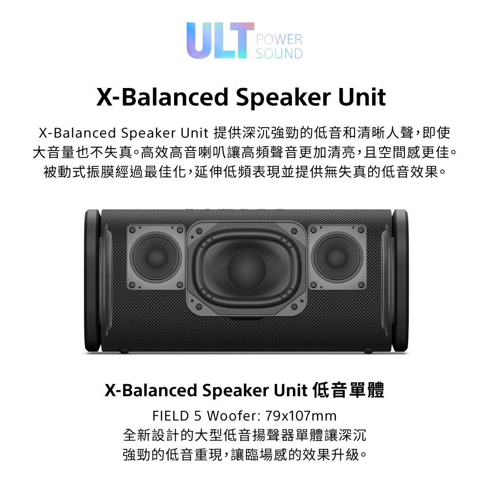 POWERULT X-Balanced Speaker UnitX-Balanced Speaker Unit 提供深沉強勁的低音和清晰人聲,即使大音量也不失真。高效高音喇叭讓高頻聲音更加清亮,且空間感更佳。被動式振膜經過最佳化,延伸低頻表現並提供無失真的低音效果。X-Balanced Speaker Unit 低音單體FIELD 5 Woofer: 79x107mm全新設計的大型低音揚聲器單體讓深沉強勁的低音重現,讓臨場感的效果升級。