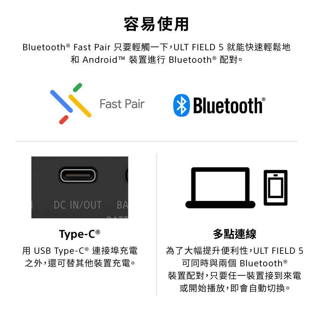 容易使用Bluetooth ® Fast Pair 只要輕觸一下,ULT FIELD 5 就能快速輕鬆地和 Android  裝置進行 Bluetooth ® 配對。Fast PairDC IN/OUTBAType-C ®用 USB Type-C® 連接埠充電之外,還可替其他裝置充電。Bluetooth®多點連線為了大幅提升便利性,ULT FIELD可同時與 Bluetooth®裝置配對,只要任一裝置接到來電或開始播放,即會自動切換。