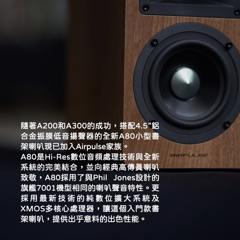 隨著A200和A300的成功,搭配4.5鋁合金振膜低音揚聲器的全新A80小型書架喇叭現已加入Airpulse家族。A80是Hi-Res數位音頻處理技術與全新系統的完美結合,並向經典高傳眞喇叭致敬,A80採用了與Phil Jones設計的旗艦7001機型相同的喇叭聲音特性。更採用最新技術的純數位擴大系統及XMOS多核心處理器,讓這個入門款書架喇叭,提供出乎意料的出色性能。AIRPULSE