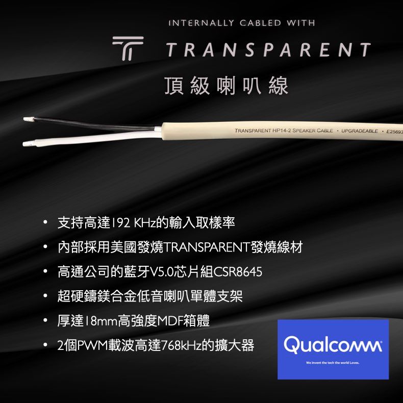 INTERNALLY CABLED WITHTRANSPARENT頂級喇叭線TRANSPARENT HP14-2 SPEAKER CABLEUPGRADEABLEE25693支持高達192 KHz的輸入取樣率內部採用美國發燒TRANSPARENT發燒線材高通公司的藍牙V5.0芯片組CSR8645超硬鑄鎂合金低音喇叭單體支架厚達18mm高強度MDF箱體_2個PWM載波高達768kHz的擴大器  the tech the world