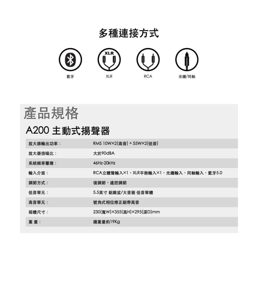 多種連接方式XLR藍牙XLRRCAEDIFIER光纖同軸產品規格A200 主動式揚聲器放器輸出功率:放大器信噪比:系統頻率響應:輸入介面:RMS 10W2(高音)+55W2(低音)大於90dBA46Hz-20kHzRCA立體聲輸入1XLR平衡輸入1、光纖輸入、同軸輸入、藍牙5.0後調節、遙控調節5.5英寸錐盆/大音圈低音單體調節方式:低音單元:高音單元:號角式相位修正鋁帶高音箱體尺寸:重量:230(寬)x355(高H)295(深)mm總重量約19Kg