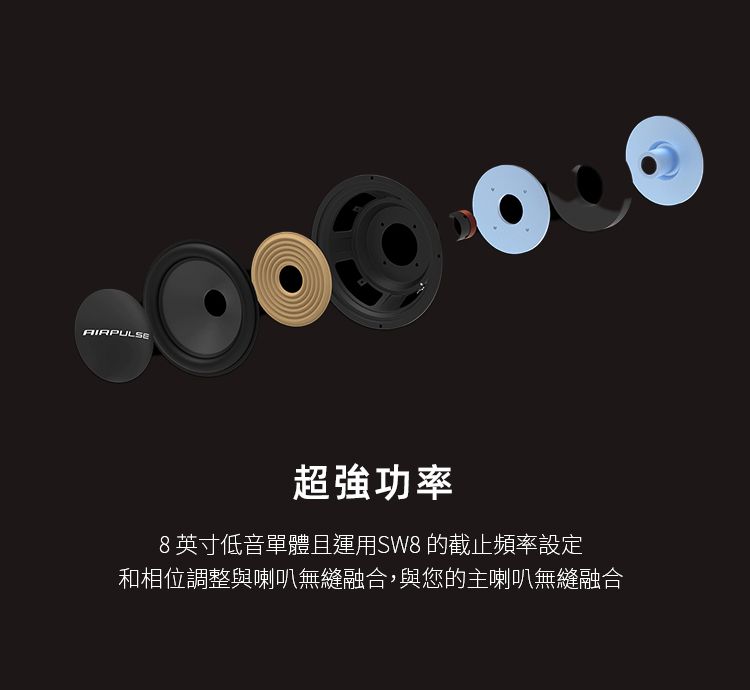 AIRPULSE超強功率8英寸低音單體且運用SW8 截止頻率設定和相位調整與喇叭無縫融合,與您的主喇叭無縫融合
