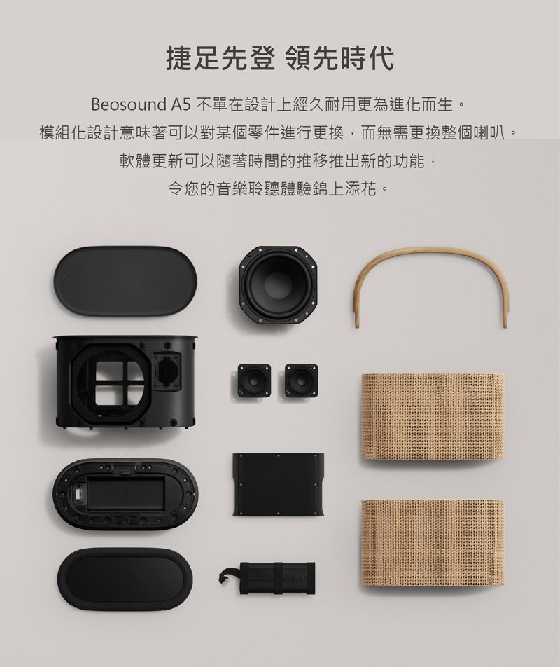 捷足先登 領先時代Beosound A5 不單在設計上經久耐用更為進化而生。模組化設計意味著可以對某個零件進行更換而無需更換整個喇叭,軟體更新可以隨著時間的推移推出新的功能,令您的音樂聆聽體驗錦上添花。