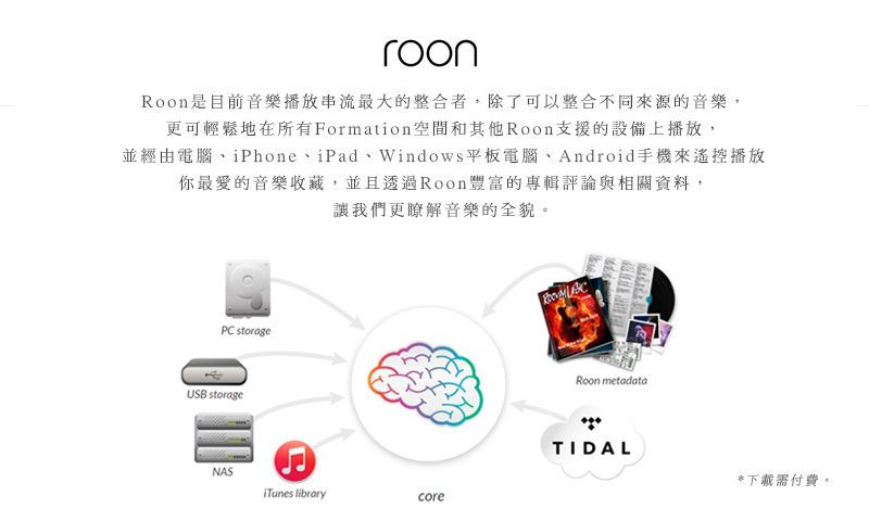 roonRoon是目前音樂播放串流最大的整合者,除了可以整合不同來源的音樂,更可輕鬆地在所有Formation空間和其他Roon支援的設備上播放,並經由電腦iPhone、iPad、Windows平板電腦、Android手機來遙控播放你最愛的音樂收藏,並且透過Roon豐富的專輯評論與相關資料,讓我們更瞭解音樂的全貌。PC storageUSB storageNASiTunes librarycoreRoon metadataTIDAL*下載需付費。