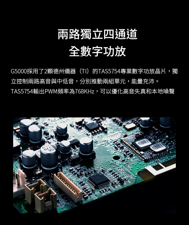 兩路獨立四通道全數字功放G5000採用了2顆德州儀器(TI)的TAS5754專業數字功放晶片,獨立控制兩路高音與中低音,分別推動兩組單元,能量充沛。TAS5754輸出PWM頻率為768KHz,可以優化高音失真和本地噪聲