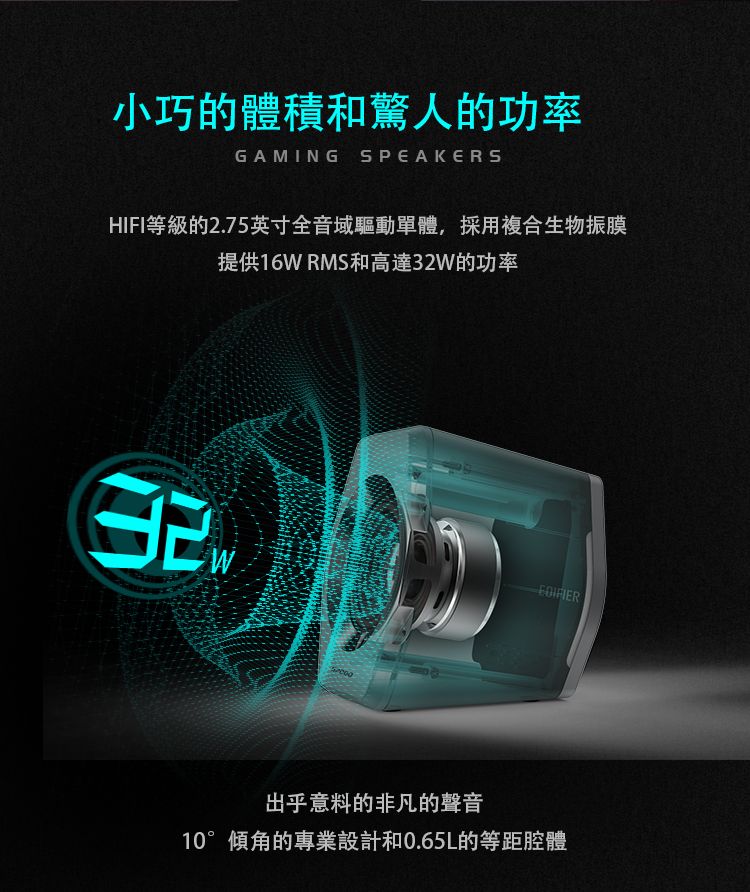 小巧的體積和驚人的功率GAMING SPEAKERSHIFI等級的2.75英寸全音域驅動單體,採用複合生物振膜提供16W RMS和高達W的功率32出乎意料的非凡的聲音10°傾角的專業設計和0.65L的等距腔體