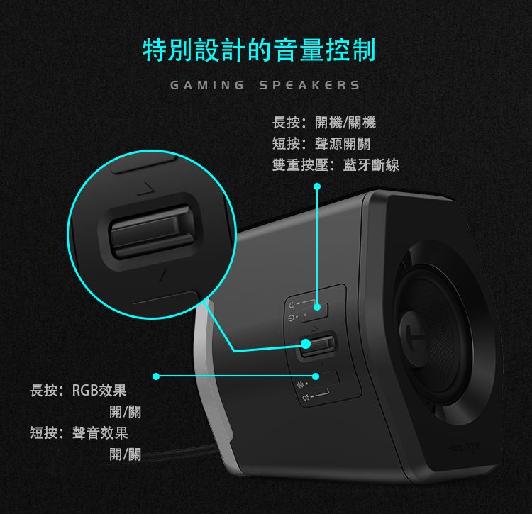 特別設計的音量控制GAMING SPEAKERS長按:開機/關機短按:聲源開關雙重按壓:藍牙斷線開/關0-長按:RGB效果短按:聲音效果開/關HECATE