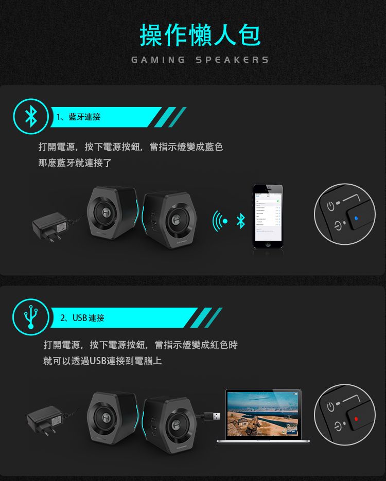 1、藍牙連接操作懶人包GAMING SPEAKERS打開電源,按下電源按鈕,當指示燈變成藍色那麼藍牙就連接了2、USB連接打開電源,按下電源按鈕,當指示燈變成紅色時就可以透過USB連接到電腦上