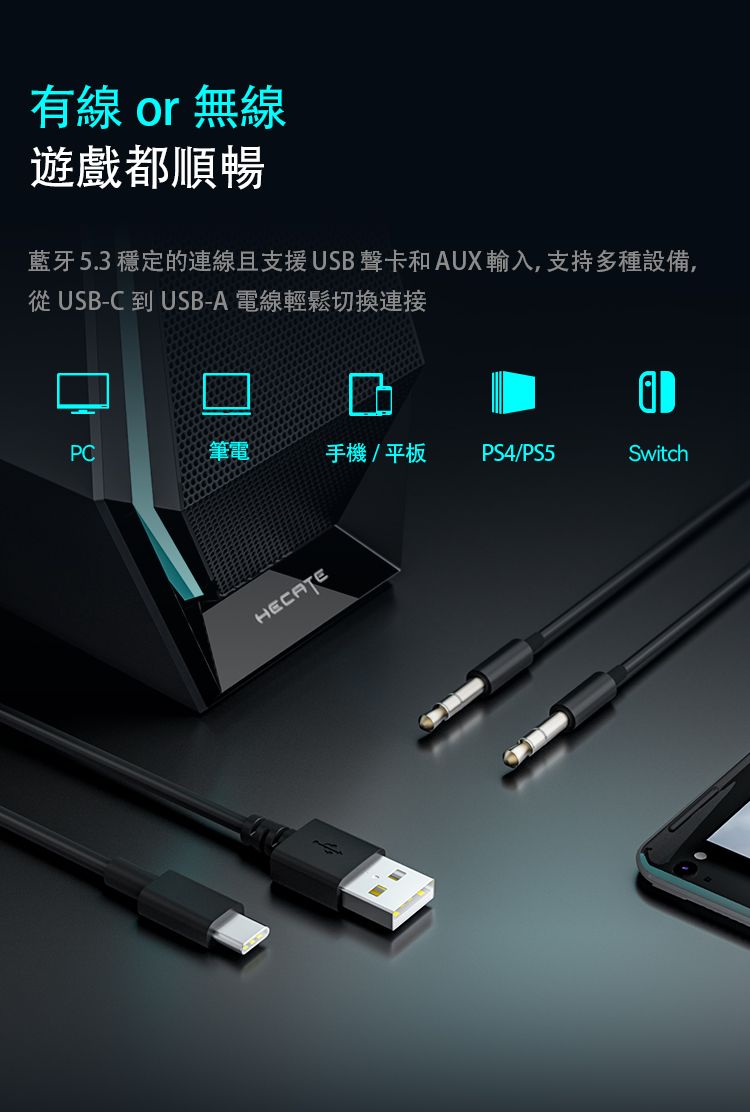 有線 or 無線遊戲都順暢藍牙5.3穩定的連線且支援USB 聲卡和AUX輸入,支持多種設備,從 USB-C 到 USB-A 電線輕鬆切換連接PC筆電手機/平板 PS4/PS5SwitchHECATE