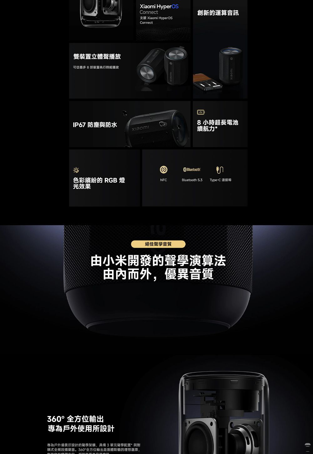 雙裝置立體聲播放可從最多8部裝置執行群組播放Xiaomi Connect支援 Xiaomi HyperOSConnect創新的運算音訊IP67 防塵與防水8小時超長電池續航力* Bluetooth色彩繽紛的 RGB 燈光效果NFCBluetooth 5.Type-C 連接埠絕佳聲學音質由小米開發的聲學演算法由內而外,優異音質360°全方位輸出專為戶外使用所設計專為戶外場景所設計的聲學架構,具備3單元聲學配置*與對全频段揚聲器。360°全方位輸出是團體聆聽的理想選擇,