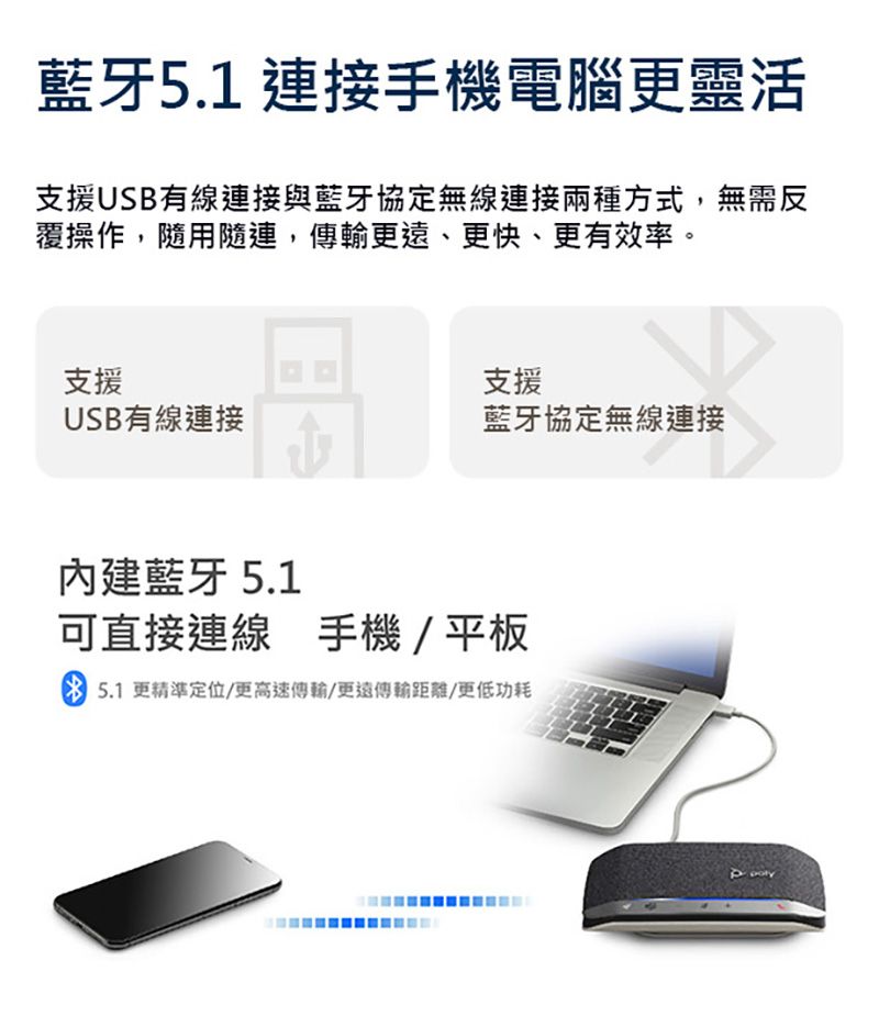 藍牙5.1 連接手機電腦更靈活支援USB有線連接與藍牙協定無線連接兩種方式,無需反覆操作,隨用隨連,傳輸更遠、更快、更有效率。支援支援USB有線連接藍牙協定無線連接內建藍牙5.1可直接連線 手機/平板 5.1更精準定位/更高速傳輸/更遠傳輸距離/更低功耗