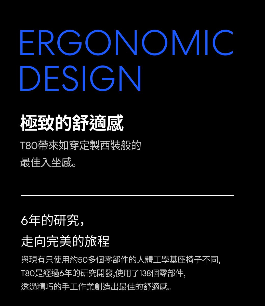 ERGONOMICDESIGN極致的舒適感T80帶來如穿定製西裝般的最佳入坐感。6年的研究,走向完美的旅程與現有只使用約50多個零部件的人體工學基座椅子不同,T80是經過6年的研究開發,使用了138個零部件,透過精巧的手工作業創造出最佳的舒適感。