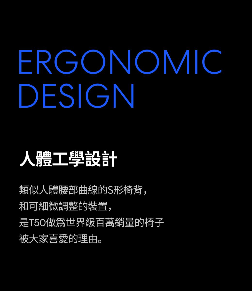 ERGONOMICDESIGN人體工學設計類似人體腰部曲線的S形椅背,和可細微調整的裝置,是T50世界級百萬銷量的椅子被大家喜愛的理由。