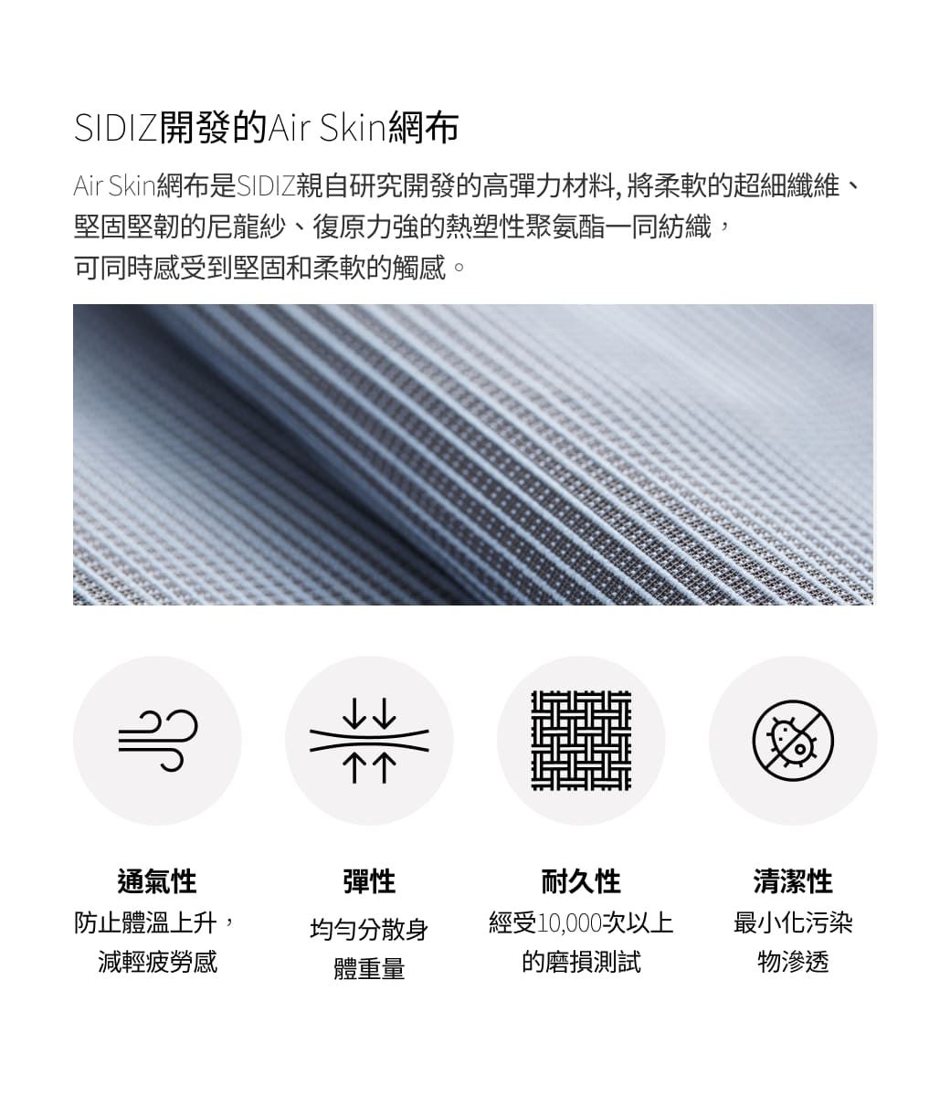 SIDIZ開發的Air Skin網布Air Skin網布是SIDIZ親自研究開發的高彈力材料,將柔軟的超細纖維、堅固堅韌的尼龍紗、復原力強的熱塑性聚氨酯一同紡織,可同時感受到堅固和柔軟的觸感。通氣性彈性耐久性清潔性防止體溫上升,均勻分散身經受10,000次以上最小化污染減輕疲勞感體重量的磨損測試物滲透