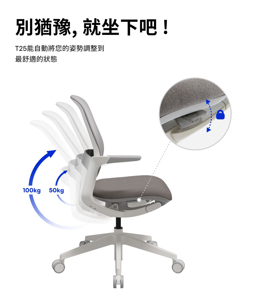 別猶豫, 就坐下吧!T25能自動將您的姿勢調整到最舒適的狀態100kg 50kg