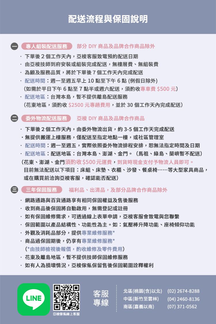 配送流程與保固說明專人組裝配送服務 部分 DIY商品及品牌合作商品除外下單後2個工作,亞梭客服致電預約配送日期由亞梭技師到府安裝或組裝完成配送,無樓層費、無組裝費為顧及服務品質,將於下單後7個工作完成配送配送時間週一至週五早上10點至下午6點(例假日除外(如需於平日下午6點至7點半或週六配送,須酌收專車費$500元)配送地區:台灣本島,提供離島配送服務(花東地區,須酌收$2500元專費用,並於30個工作天內完成配送)委外物流配送服務 亞梭 DIY商品及品牌合作商品下單後2個工作天內,由委外物流出貨,約3-5個工作天完成配送無提供搬運上樓服務,僅配送至指定地點一樓,或社區管理室配送時間:週一至週五,實際依照委外物流排程安排,恕無法指定時間及日期配送地區:配送地區:台灣本島、澎湖、金門。(馬祖、綠島、蘭嶼暫不配送)(花東、澎湖、金門須酌收$500元運費,到貨時現金支付予物流人員即可。目前無法配送以下項目:床組、床墊、衣櫃、沙發、餐桌椅……等大型家具商品,或在購買前洽詢亞梭客服,確認能否配送)三年保固服務 福利品、出清品,及部分品牌合作商品除外網路通路與百貨通路享有相同保固權益及售後服務收到商品後保固將自動啟用,無需登記或註冊·如有保固維修需求,可透過線上表單申請,亞梭客服會致電與您聯繫·保固範圍以產品結構性、功能性為主。如:氣壓棒升降功能、座椅傾仰功能外觀及消耗品部分,提供專業維修服務*商品過保固期後,仍享有專業維修服務*(*由技師檢視後報價,酌收維修及零件費用)·花東及離島地區,暫不提供技師保固維修服務如有人為損壞情況,亞梭傢俬保留售後保固範圍詮釋權利LINE客服專線北區(桃園(含)以北)中區(新竹至雲林)南區(嘉義以南)(02)2674-8288(04) 2460-8136(07) 371-0562亞梭傢俬線上客服