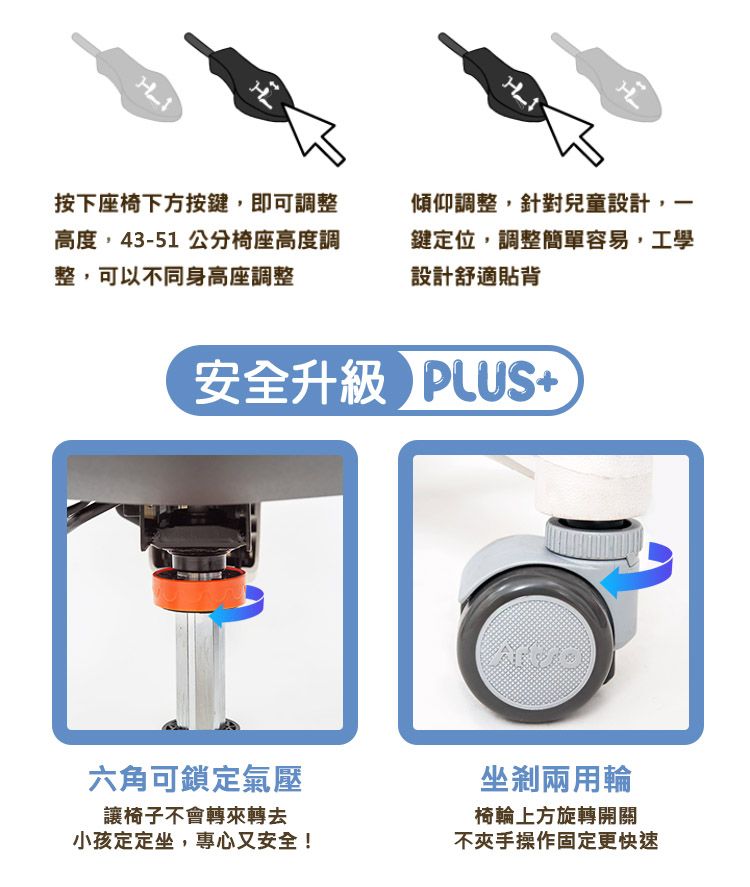 按下座椅下方按鍵,即可調整高度,43-51 公分椅座高度調整,可以不同身高座調整傾仰調整,針對兒童設計,一鍵定位,調整簡單容易,工學設計舒適貼背安全升級US+六角可鎖定氣壓讓椅子不會轉來轉去小孩定定坐,專心又安全!坐兩用輪椅輪上方旋轉開關不手操作固定更快速