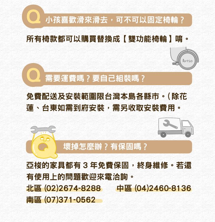 小孩喜歡滑來滑去,可不可以固定椅輪?所有椅款都可以購買替換成【雙功能椅輪】唷。Artso需要運費嗎?要自己組裝嗎?免費配送及安裝範圍限台灣本島各縣市。(除花蓮、台東如需到府安裝,需另收取安裝費用。壞掉怎麼辦?有保固嗎?亞梭的家具都有3年免費保固,終身維修。若還有使用上的問題歡迎來電洽詢。北區(02)2674-8288 中區 (04)2460-8136南區(07)371-0562