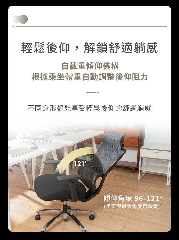 輕鬆後仰,解鎖舒適躺感自載重傾仰機構根據乘坐體重自動調整後仰阻力不同身形都能享受輕鬆後仰的舒適躺感121傾仰角度 96-121(坐正與最大角度可鎖定)