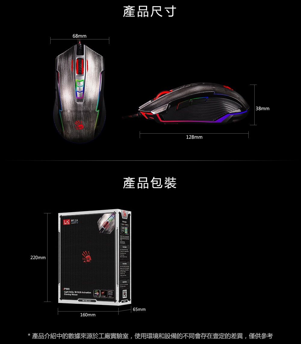 220mm68mmP93    Animation Mouse產品尺寸產品包裝160mm 65mm128mm|38mm*產品介紹中的數據來源於工廠實驗室,使用環境和設備的不同會存在壹定的差異,僅供參考