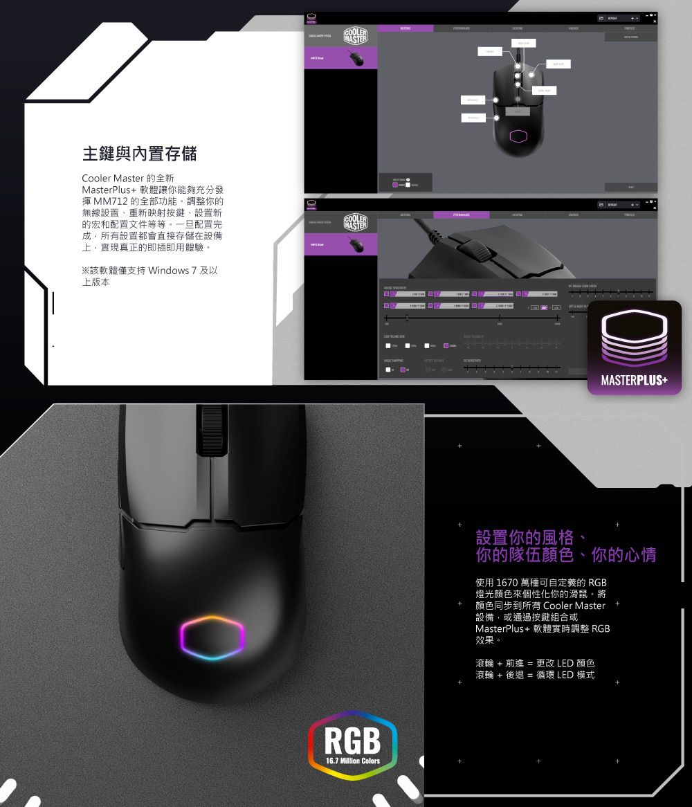 主與存儲Cooler Master 的全新MasterPlus+ 軟體讓你能夠充分發揮 MM712 的全部功能。調整你的無線設置、重新映射按鍵、設置新的宏和配置文件等等。一旦配置完成所有設置都會直接存儲在設備真正的即插即用體驗。※該軟體僅支持 Windows 7 及以上版本COOLERMASTERCOOLERMASTERRGB16.7 Million ColorsMASTERPLUS+設置你的風格、你的隊伍顏色、你的心情使用 1670 萬種可自定義的 RGB燈光顏色來個性化你的滑鼠,將顏色同步到所有 Cooler Master設備,或通過按鍵組合或MasterPlus+ 軟體實時調整 RGB效果。滾輪 + 前進 = 更改 LED 顏色滾輪 + 後退 = 循環 LED 模式