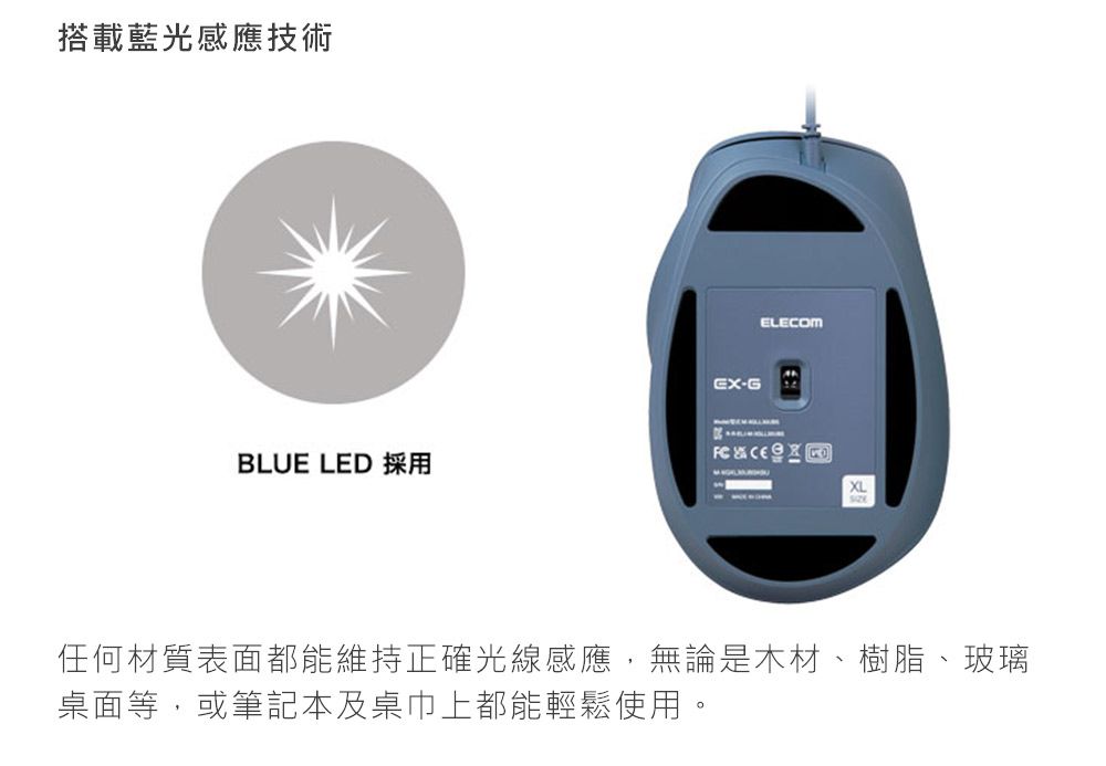 搭載藍光感應技術EXGELECOMBLUE LED 採用XL任何材質表面都能維持正確光線感應,無論是木材、樹脂、玻璃桌面等,或筆記本及桌巾上都能輕鬆使用。