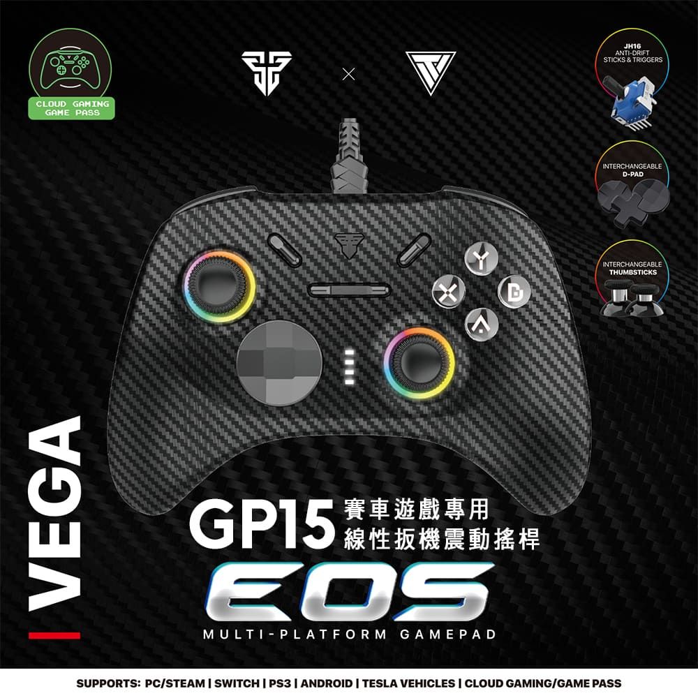 VEGACLOUD GAMINGGAME PASSGP15 遊戲專用線性扳機震動搖桿EOSMULTIPLATFORM GAMEPADSUPPORTS: PC/STEAM  SWITCH  PS3  ANDROID  TESLA VEHICLES  CLOUD GAMING/GAME PASSJH16ANTIDRIFTSTICKS & TRIGGERSINTERCHANGEABLED-PADINTERCHANGEABLETHUMBSTICKS