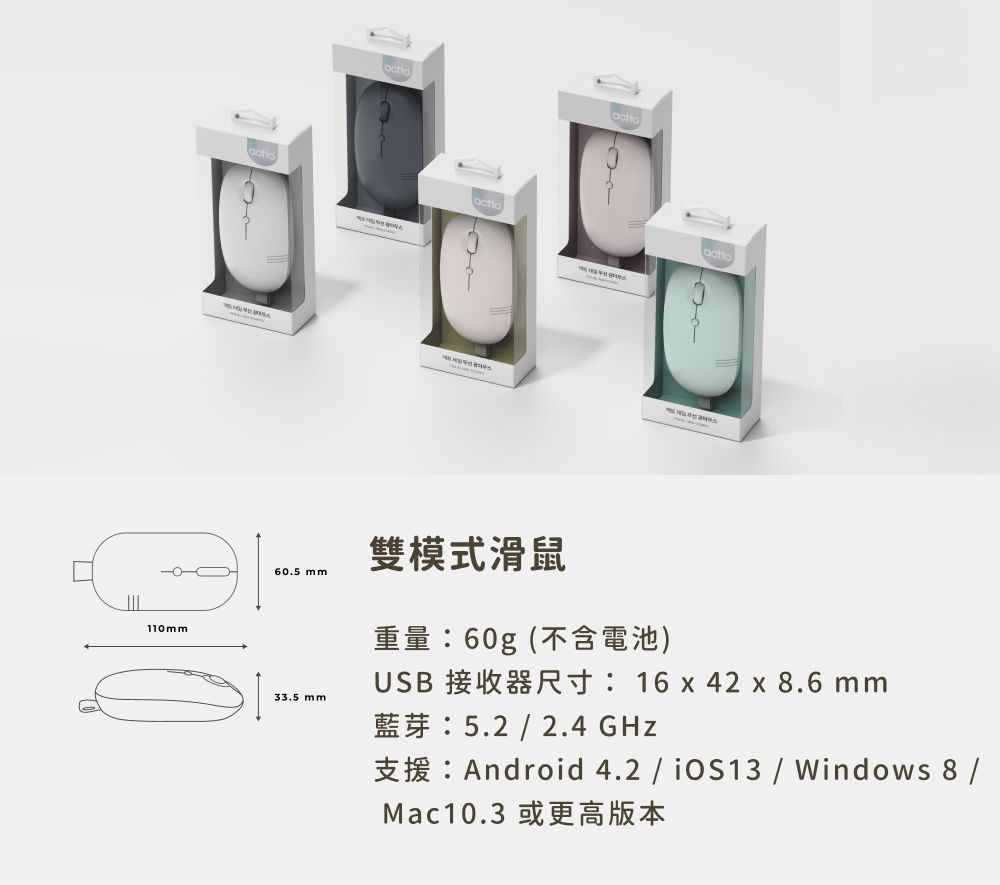 110mm60.5 mm33.5 mm雙模式滑鼠重量60g(不含電池)USB : 16  42  8.6 mm5.22.4 Android 4.2    Windows 8 Mac10.3 或更高版本