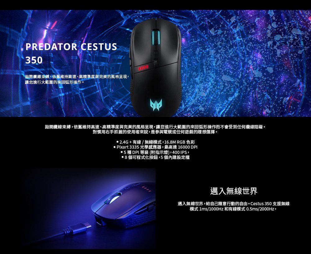 PREDATOR CESTUS350線束縛,依舊維持高速、高精準度與完美的風格呈現,讓您進行大範圍的來回弧形操作。拋開纜線束縛,依舊維持高速、高精準度與完美的風格呈現,讓您進行大範圍的來回弧形操作而不會受到任何纜線阻礙。對慣用右手抓握的使用者來說,是參與電競或任何遊戲的理想選擇。2.4G+有線/無線模式,16.8M RGB 色彩 Pixart 3335 光學感應器,最高達16000 DPI5種DPI 等級 (附指示燈),400IPS,8個可程式化按鈕,5個內建設定檔邁入無線世界邁入無線世界,給自己隨意行動的自由。Cestus 350 支援無線模式 1ms/1000Hz 和有線模式 0.5ms/2000Hz。