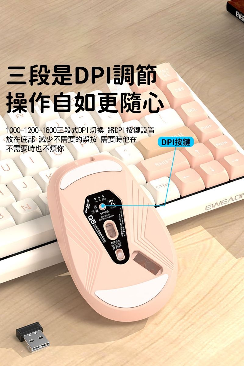 三段是DPI調節操作自如更隨心F91000-1200-1600三段式DPI切換 將DPI按鍵設置放在底部 減少不需要的誤按需要時他在不需要時也不煩你DEEDELDPI按鍵SHIFTCTRDPI切换电源开关向上2.4GOFF