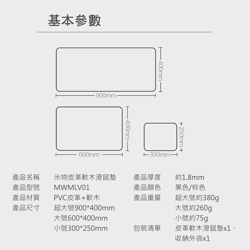 基本參數600mm400mm┫250mm 產品名稱產品型號產品材質產品尺寸米物皮革軟木滑鼠墊MWMLV01PVC皮革+軟木超大號900*400mm大號600*400mm產品厚度約1.8mm產品顏色黑色/棕色產品重量超大號約380g大號約260g小號約75g小號300*250mm包裝清單皮革軟木滑鼠墊x1、收納外袋x1