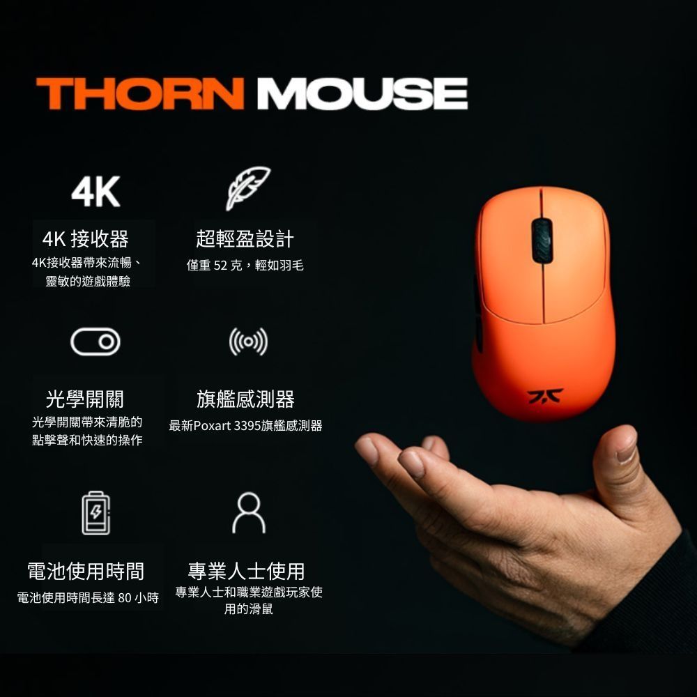 THORN MOUSE4K4K 接收器超輕盈設計4K接收器帶來流暢、僅重 52 克,輕如羽毛靈敏的遊戲體驗光學開關旗艦感測器光學開關帶來清脆的點擊聲和快速的操作最新Poxart 3395旗艦感測器電池使用時間專業人士使用電池使用時間長達80小時專業人士和職業遊戲玩家使用的滑鼠