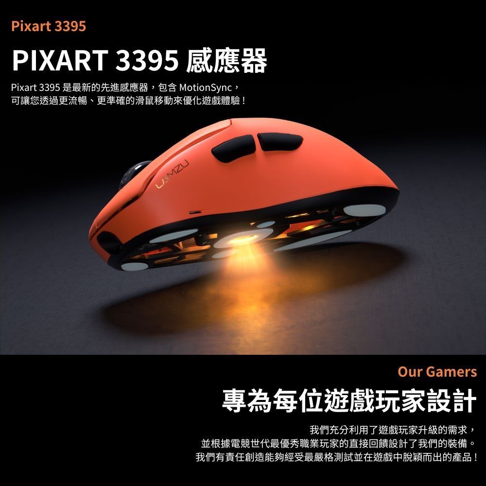 Pixart 3395PIXART 3395感應器Pixart 3395是最新的先進感應器,包含 MotionSync 可讓您透過更流暢、更準確的滑鼠移動來優化遊戲體驗!LAMZUOur Gamers專為每位遊戲玩家設計我們充分利用了遊戲玩家升級的需求,並根據電競世代最優秀職業玩家的直接回饋設計了我們的裝備。我們有責任創造能夠經受最嚴格測試並在遊戲中脫穎而出的產品!