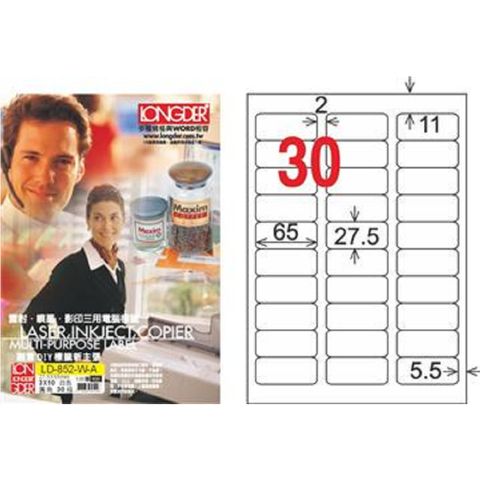 龍德3合1標籤紙LD-852-WA/30格(白色)