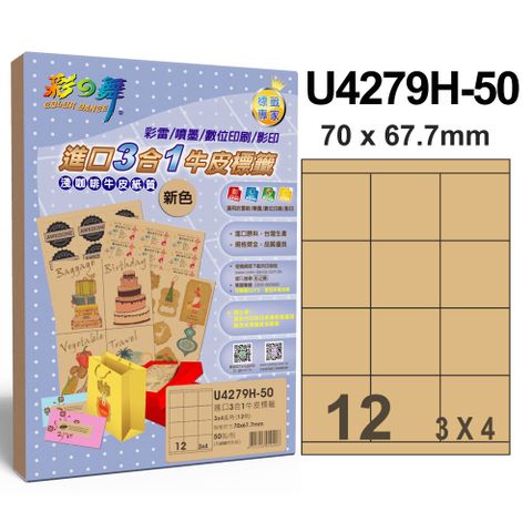 彩之舞 進口3合1牛皮標籤12格直角 U4279H-50*2包