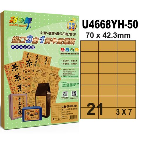 彩之舞進口3合1黃牛皮標籤 21格直角 U4668YH-50