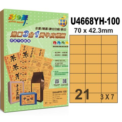 彩之舞 進口3合1黃牛皮標籤 100張/組 21格直角 U4668YH-100