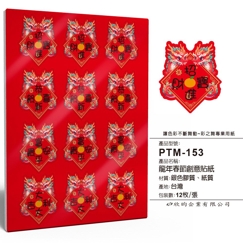 彩之舞  龍年春節創意貼紙 12枚/張 PTM-153