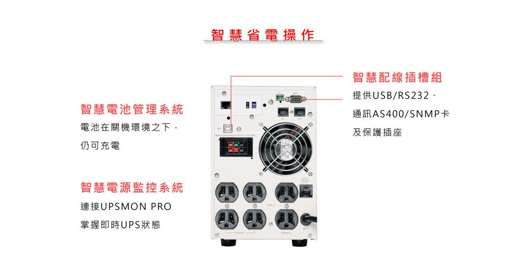 智慧電池管理系統電池在關機環境之下仍可充電智慧省電操作智慧配線插槽組提供USB/RS232、通訊AS400/SNMP卡及保護插座智慧電源監控系統連接UPSMON PROa掌握即時UPS狀態