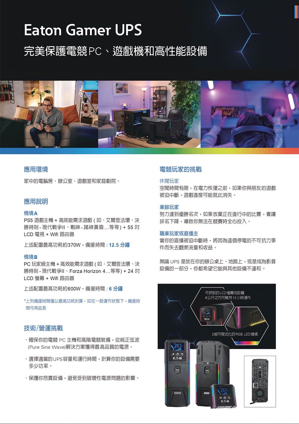 aton Gamer 完美保護電競 PC遊戲機和高性能設備應用環境電競玩家的挑戰家中的電腦房、辦公室、遊戲室和家庭劇院休閒玩家應用說明情境APS5 遊戲主機+高效能需求遊戲(如:艾爾登法環、決勝時刻現代戰爭、戰神諸神黃昏...等等)+55LCD 電視+Wifi 路由器上述配置最高功耗約370W備時間:12.5分鐘情境 BPC 玩家級主機+高效能需求遊戲(如:艾爾登法環、決勝時刻 現代戰爭、Forza Horizon4...等等)+24LCD 螢幕+Wifi 路由器上述配置最高功耗約600W,備時間:6分鐘*上列備援時間僅以最高功耗計算,如在一般運作狀態下,備援時間可再延長空間時間有限,在電力恢復之前,如果你與朋友的遊戲被迫中斷,遊戲進度可能就此消失業餘玩家努力遭到名次,如果放棄正在進行中的比賽,會讓排名下降,導致你無法在競賽時全心投入。樂玩家或直播主當你的直播被迫中斷時,將因為這個停電的不可抗力事件而失去觀眾流量和收益。無論 UPS 是放在你的辦公桌上、地面上,或是成為影音設備的一部分,你都希望與其他設備不和。可拆卸的LCD螢幕在距離6公尺之内可維持12小時運作技術/營運挑戰·確保你的電競 PC主機和高階電競裝備,從純正弦波(Pure Sine Wave)解決方案獲得最高品質的電源。,選擇適當的UPS和運行時間,計算你的設備需要多少。E--·保護你昂貴設備,避免受到破壞性電源問題的影響。2組可程式化的 RGB LED燈條-