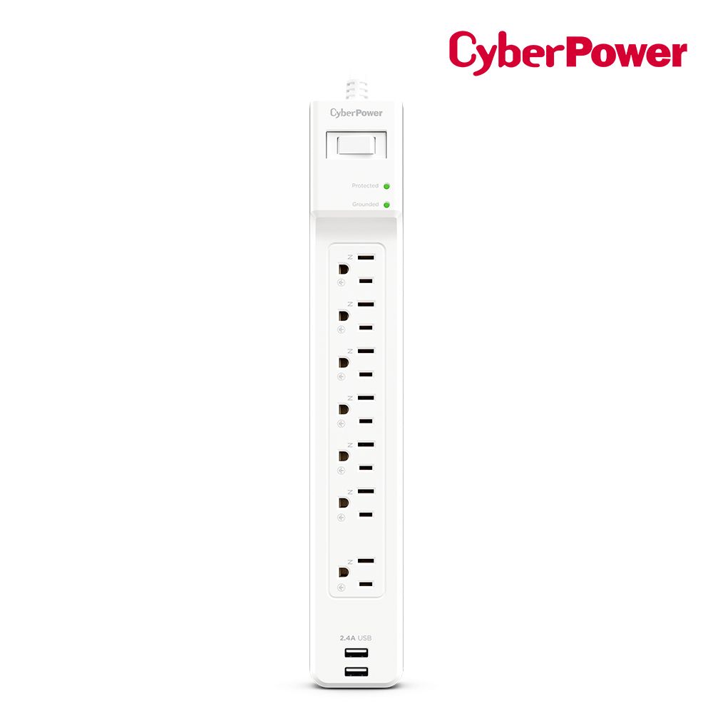 CyberPower  防突波 7插座 2USB充電延長線 白(P0718UB0-TW)