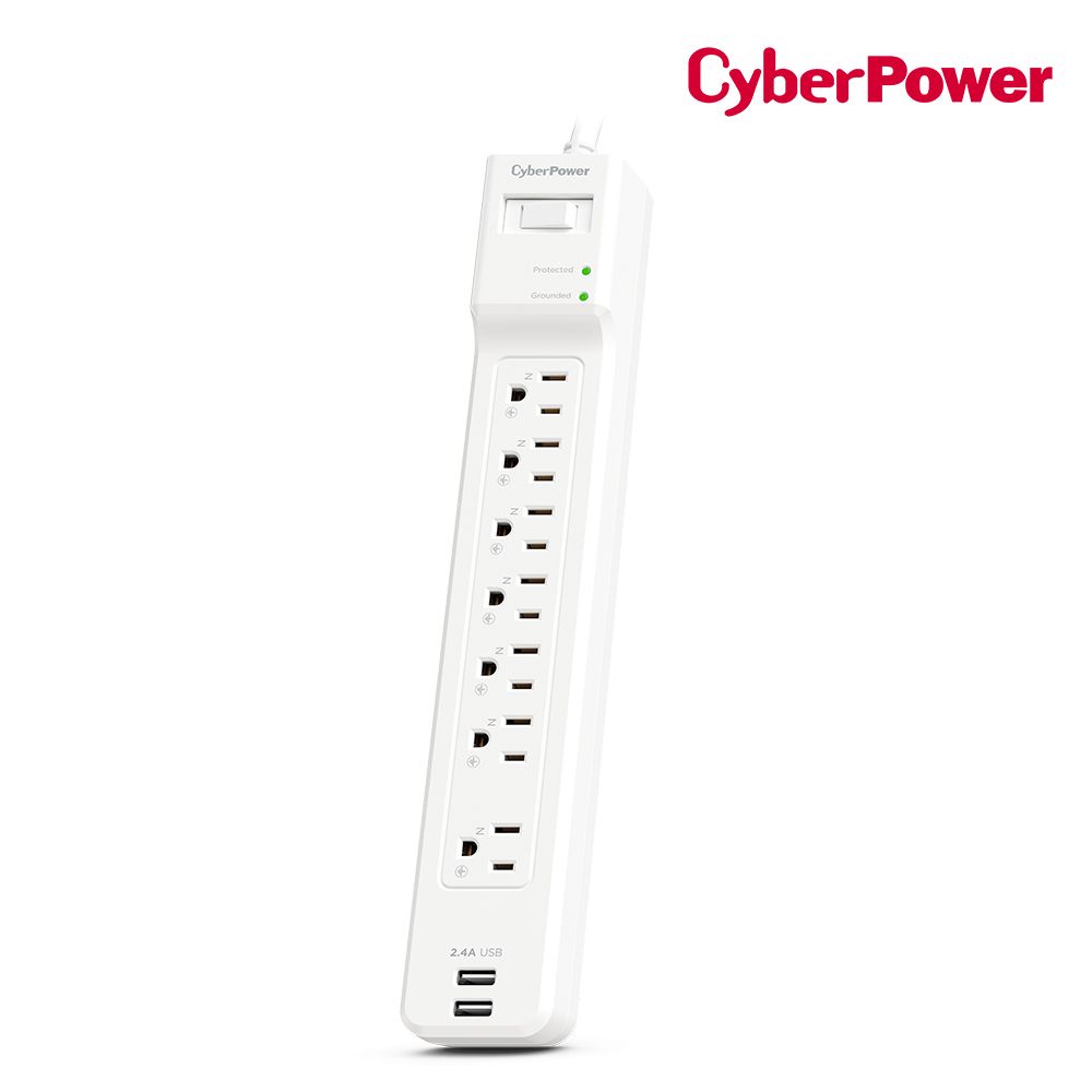CyberPower  防突波 7插座 2USB充電延長線 白(P0718UB0-TW)