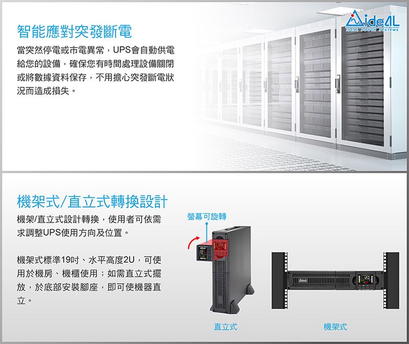 智能應對突發斷電當突然停電或市電異常,UPS會自動供電給您的設備,確保您有時間處理設備關閉或將數據資料保存,不用擔心突發斷電狀況而造成損失。機架式/直立式轉換設計機架/直立式設計轉換,使用者可依需求調整UPS使用方向及位置。螢幕可旋轉機架式標準19吋、水平高度2U,可使用於機房、機櫃使用;如需直立式擺放,於底部安裝腳座,即可使機器直立。直立式機架式