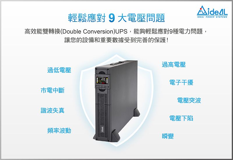 POWER SYSTEMS輕鬆應對9大電壓問題高效能雙轉換(Double Conversion)UPS,能夠輕鬆應對9種電力問題,讓您的設備和重要數據受到完善的保護!過低電壓電中斷諧波失真過高電壓電子干擾電壓突波電壓下陷頻率波動瞬變